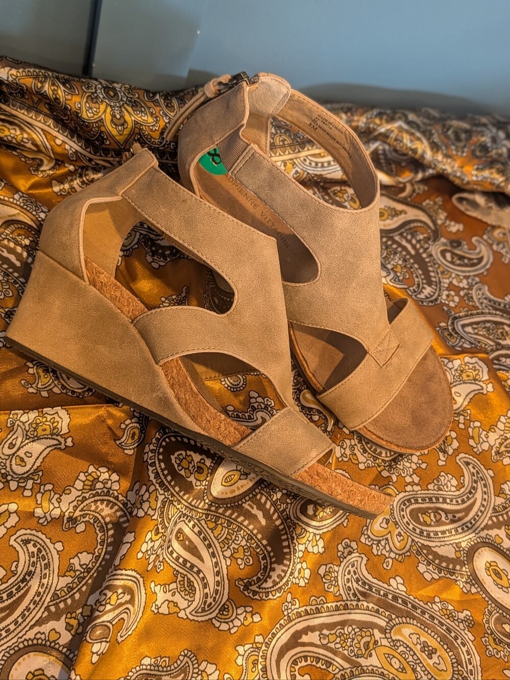 Adrienne Vittadini Taupe Suede Wedge Sandals